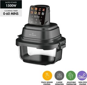 Friteuză cu aer cald Just Perfecto JP-AF4GL, 1500 W, 1,5/4 l, 8 programe, 80-200 °C, circulație a aerului cald la 360°, structură din sticlă rezistentă la temperaturi ridicate, negru