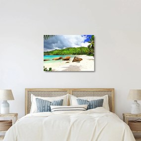 Tablou pe sticlă - Seychelles, plaja Takamaka (70x50 cm)