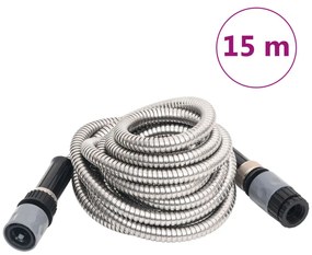 vidaXL Furtun de grădină cu duză de pulverizare, argintiu, 15 m, oțel