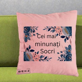 Cadou pentru Socri - Perna Personalizata Cei mai Minunati Socri cu Flori Albastre si Roz, 40x40 cm, Roz, Husa Detasabila, Perna Inclusa, BEKZ®