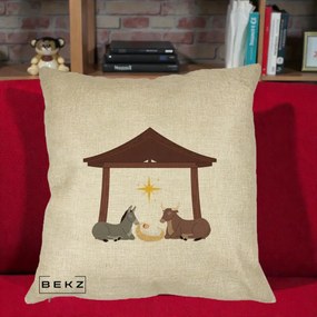 Perna Decorativa Ieslea din Betleem cu Iesle Asin si Bou, 40x40 cm, Crem, Husa Detasabila, Perna Inclusa, BEKZ®