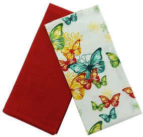 Prosop bucatarie, set 2 bucati, model fluturi si flori, bumbac, multicolor, 70 x 50 cm