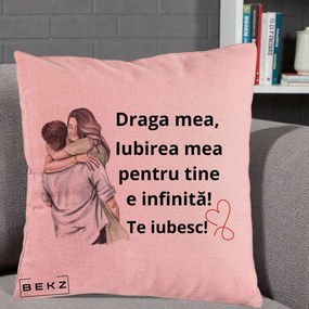 Cadou pentru Iubita - Perna Personalizata Draga Mea Iubirea Mea Infinita Te Iubesc cu Cuplu Acuarela, 40x40 cm, Roz, Husa Detasabila, Perna Inclusa, BEKZ®