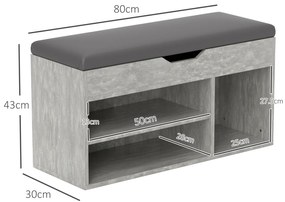 HOMCOM Bancă Hol cu 3 Rafturi Deschise, Spațiu Ascuns și Pernă Capitonată, Banca Pantofi, 80x30x45 cm, Gri | Aosom Romania