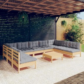 3097180 vidaXL Set mobilier de grădină cu perne, 10 piese, gri, lemn masiv pin