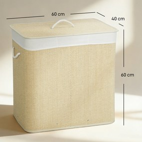 HOMCOM Coș pentru Rufe din Bambus cu Capac, 144L, 3 Compartimente, Sac Detașabil și Lavabil, Mânere, Crem | Aosom Romania