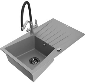 Mexen Cesar chiuvetă de granit cu un compartiment, cu picurător și baterie de bucătărie Duo, Gri - 6514-71-671701-07-B