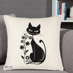 Perna Decorativa Pisica Neagra Grafica Minimalista, 40x40 cm, Crem Reliefat, Husa Detasabila, Perna Inclusa, BEKZ®