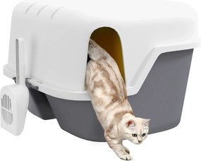PawHut Bac de nisip pentru pisici casă de toaletă pentru pisici capac superior blocabil și deschis 50 x 50 x 39 cm, crem | Aosom Romania