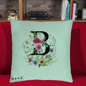 Cadou Personalizat - Perna Personalizata Monogram Litera B cu Flori Acuarela, 40x40 cm, Verde Menta, Husa Detasabila, Perna Inclusa, BEKZ®
