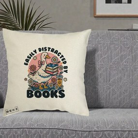 Perna Personalizata Easily Distracted by Books, 40x40 cm, Ecru, Husa Detasabila, Perna Inclusa, BEKZ®