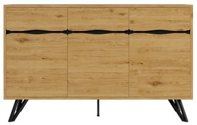 Comodă cu 3 uși, picioare metalice, mult spațiu de depozitare, 140x40x75,5 cm, Culoare naturală