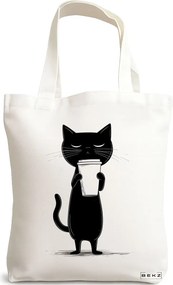 Sacosa de Panza pentru Cumparaturi, Geanta Tote, model Caffeine Cat 8 38 x 34.5 cm, Alba, BEKZ®