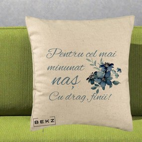 Cadou pentru Nas - Perna Personalizata Pentru Cel mai Minunat Nas Cu drag Finii, 40x40 cm, Bej, Husa Detasabila, Perna Inclusa, BEKZ®