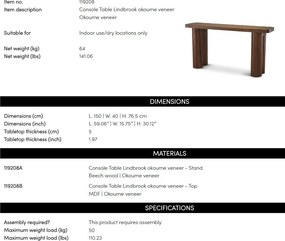 Consola LUX din Lemn, Furnir Okoume, Lindbrook 150x40cm