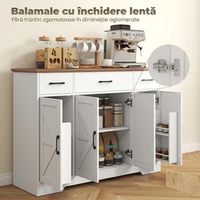 HOMCOM Bufet Bucătărie Rustic, Bufet cu Uși Soft-Close, 3 Sertare, 3 Rafturi Reglabile, Portaspecii, PAL, MDF, Alb | Aosom Romania