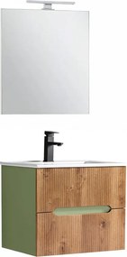 Trent mobilier de baie 60 cm chiuvetă ceramică (2 sertare) cu oglindă 60x80 cm verde fistic - stejar apus de soare