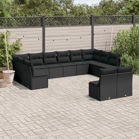3250204 vidaXL Set canapele de grădină, 12 piese, cu perne, negru, poliratan