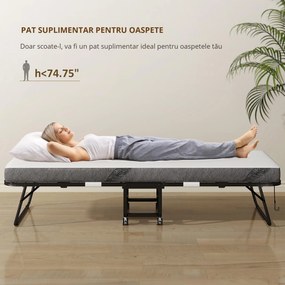 HOMCOM Pat pliant de oaspeți cu roți Oțel+Spumă Alb+Negru 200 x 80 x 42,5 cm | Aosom Romania