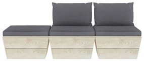 Set mobilier gradina din paleti, 3 piese, cu perne, lemn de molid Antracit, 2x mijloc + suport pentru picioare, 1