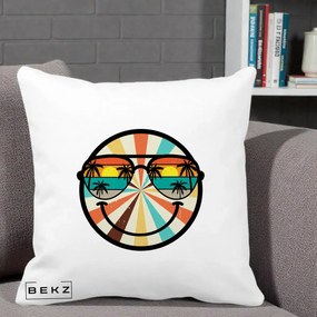 Perna Decorativa Smiley Face Retro Sunset Palmieri, 40x40 cm, Alba Mata, Husa Detasabila, Perna Inclusa, BEKZ®