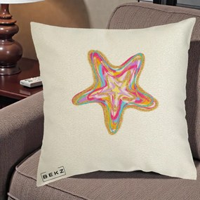Perna Decorativa Stea de Mare Neon Curcubeu, 40x40 cm, Ecru, Husa Detasabila, Perna Inclusa, BEKZ®