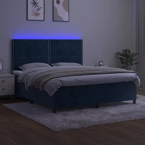 Pat cu arcuri, saltea si LED, bleumarin, 180x200 cm, catifea Albastru inchis, 180 x 200 cm, Culoare unica si cuie de tapiterie