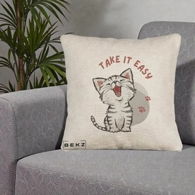 Perna Personalizata Take It Easy Cat, 40x40 cm, Bej Canapea, Husa Detasabila, Perna Inclusa, BEKZ®