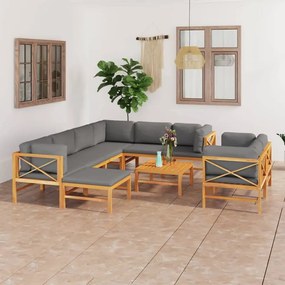 Set mobilier gradina cu perne gri, 10 piese, lemn masiv de tec Gri, 5x colt + 3x mijloc + suport pentru picioare + masa, 1