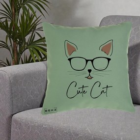 Perna Personalizata Cute Cat cu Ochelari, 40x40 cm, Verde, Husa Detasabila, Perna Inclusa, BEKZ®