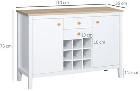 HOMCOM Bufet mobilier de depozitare cu 2 sertare, 2 uși rafturi reglabile și suport pentru sticle pentru 9 sticle, alb | Aosom Romania