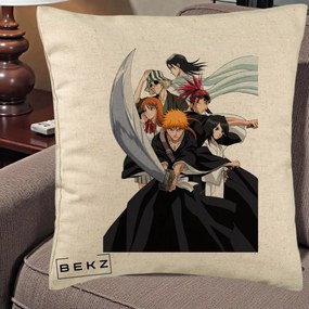 Perna Personalizata Bleach Grup Complet Ichigo si Prietenii, 40x40 cm, Bej, Husa Detasabila, Perna Inclusa, BEKZ®