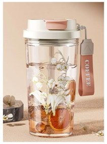 Pahar din sticlă , cu capac și pai, imprimeu floral, 550 ml, eCarla, BD29