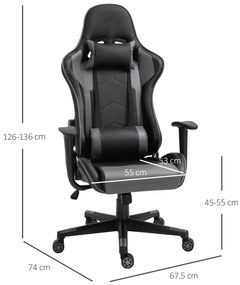 Vinsetto Fotoliu de birou ergonomic, fotoliu de gaming, fotoliu rotativ, piele artificială, spumă, Negru, 67,5 x 74 x 126-136 cm | Aosom Romania
