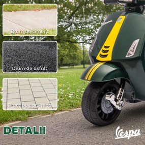 AIYAPLAY Motocicletă Electrică pentru Copii cu Licență Vespa, Baterie Reîncărcabilă 6V, Roți Laterale și Lumini, Vârsta 2-6 Ani, Verde Închis | Aosom Romania