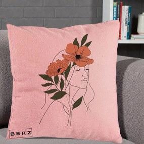 Perna Decorativa Portret Feminin Doua Maci Terracotta, 40x40 cm, Roz, Husa Detasabila, Perna Inclusa, BEKZ®