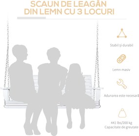 Outsunny Leagăn Suspendat pentru Exterior din Lemn de Brad cu Măsuță Rabatabilă și Suporturi pentru Pahare, Leagăn pentru Grădină sau Terasă cu 2-3 Locuri, Alb | Aosom Romania