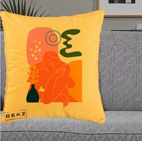 Perna Decorativa Femeie Meditand Abstract, 40x40 cm, Galben, Husa Detasabila, Perna Inclusa, BEKZ®