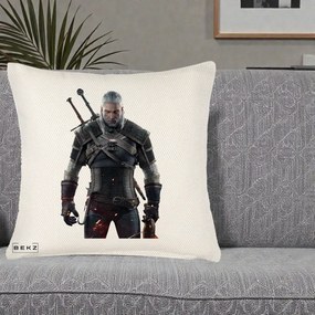 Perna Personalizata The Witcher Geralt of Rivia Portret, 40x40 cm, Crem Reliefat, Husa Detasabila, Perna Inclusa, BEKZ®