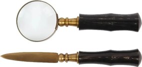 Set lupă și deschizător de scrisori din alamă și lemn de mango, negru, set cadou de birou vintage, finisaj antichizat, 17 cm, „Bibliothèque”