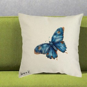 Perna Decorativa Fluture Albastru Satin cu Pete Aurii, 40x40 cm, Ecru, Husa Detasabila, Perna Inclusa, BEKZ®