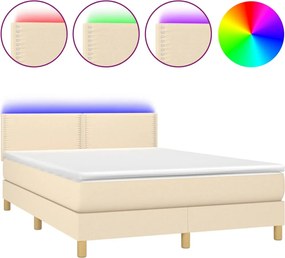 vidaXL Pat cu arcuri, saltea și LED, crem, 140x190 cm, textil
