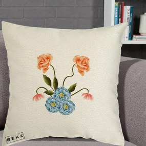 Perna Decorativa Trandafiri si Bujori Acuarela, 40x40 cm, Ecru, Husa Detasabila, Perna Inclusa, BEKZ®