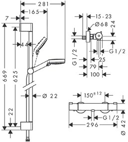 Set de dus cu bara de dus 65 cm, Hansgrohe, Crometta, baterie de dus Ecostat 1001 CL, crom