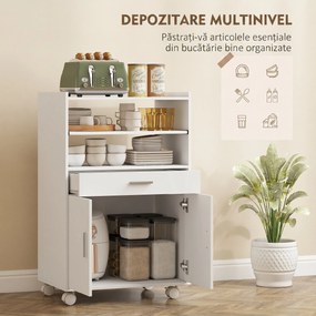 HOMCOM Dulap pentru Cuptorul cu Microunde cu Roți, Bufet de Bucătărie cu Sertar, Blat pentru Electrocasnice, Dulap cu 2 Uși, Raft Glisant și Raft Deschis, Cărucior de Bucătărie pentru Sufragerie, 59x40x92cm, Alb | Aosom Romania