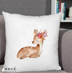 Perna Decorativa Caprioara cu Flori in Coama, 40x40 cm, Alb Pufos, Husa Detasabila, Perna Inclusa, BEKZ®