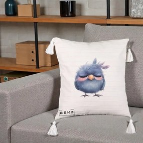 Perna Decorativa Pui Adormit Albastru, 40x40 cm, Bej cu Franjuri, Husa Detasabila, Perna Inclusa, BEKZ®
