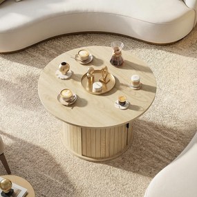 HOMCOM Masă de cafea rotundă, masă pentru living cu depozitare, ușă glisantă cu lamele, 2 rafturi, efect lemn natural | Aosom Romania