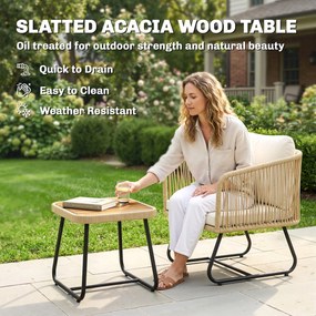 Outsunny Set bistro din ratan 3 piese FSC set mobilier de grădină cu 2 fotolii, masă din lemn cu lamele, perne groase lavabile, cadru din oțel | Aosom Romania