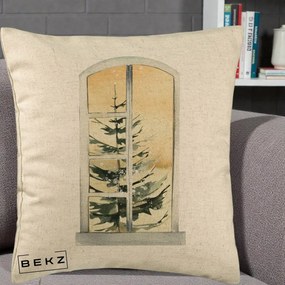 Perna Decorativa Fereastra cu Brad de Iarna, 40x40 cm, Bej, Husa Detasabila, Perna Inclusa, BEKZ®